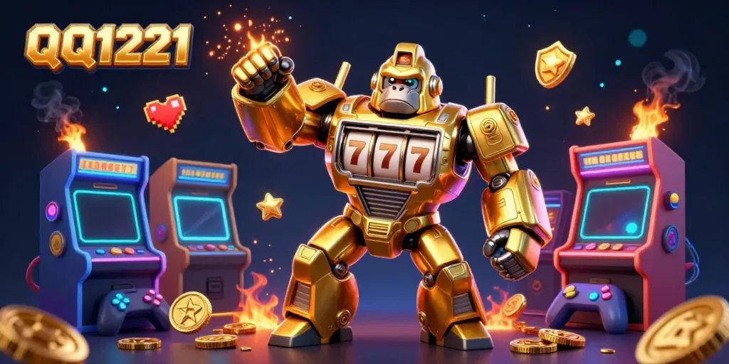 Experience thrilling gameplay with QQ1221's vibrant 3D gaming illustration featuring slot machines and neon coins.