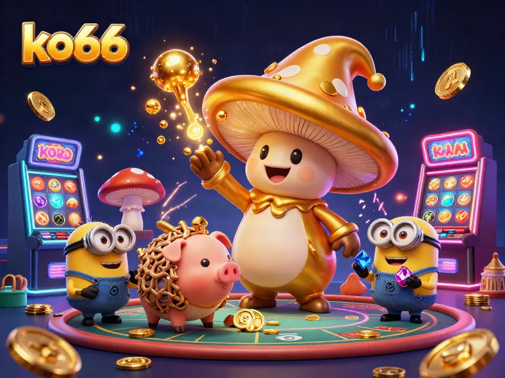 Experience the excitement of KO66 with a golden mushroom wizard and treasure-filled casino elements.