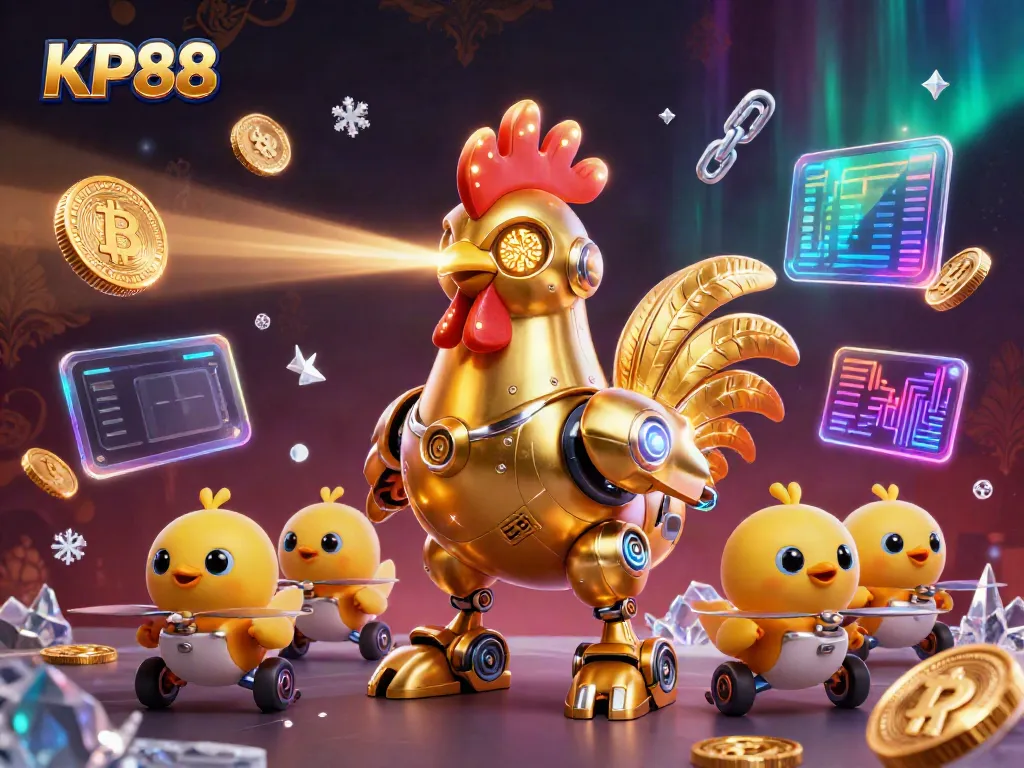 Experience the vibrant gaming world of KP88 with a dynamic scene featuring a golden rooster robot and crypto elements.