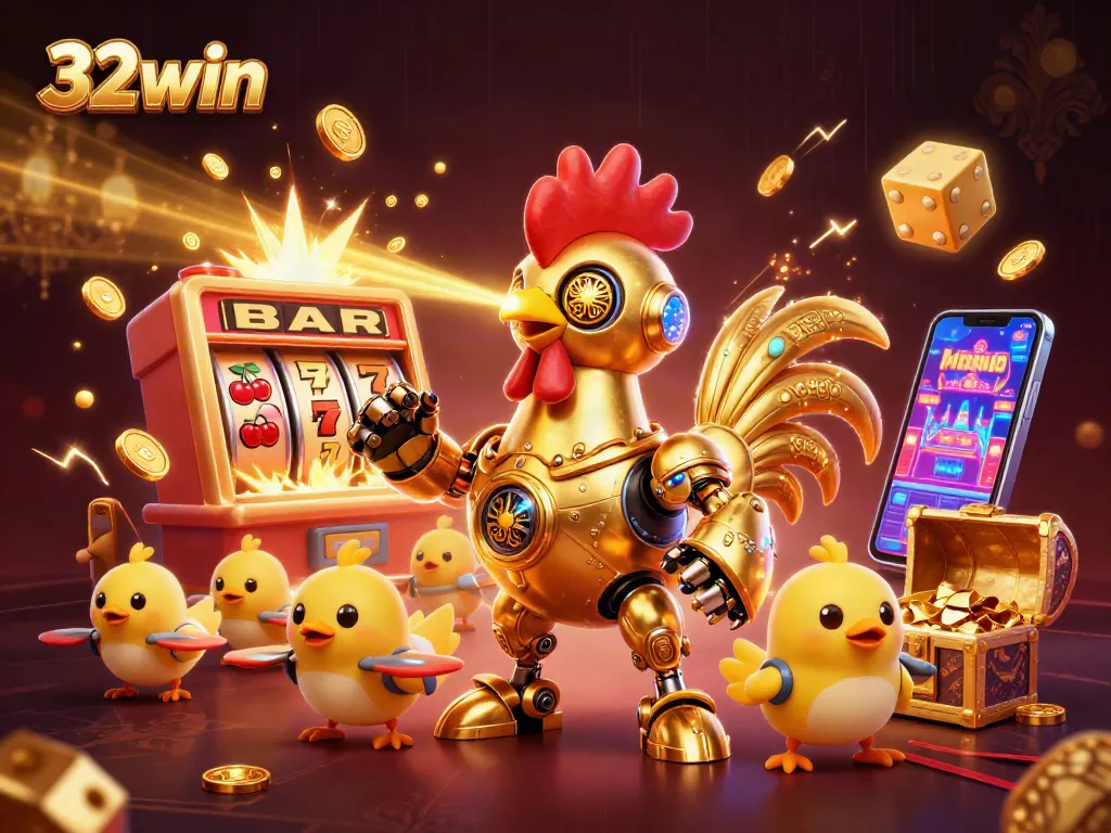 Experience thrilling wins with 32win, featuring a vibrant 3D casino scene of slot machines and golden treasures.