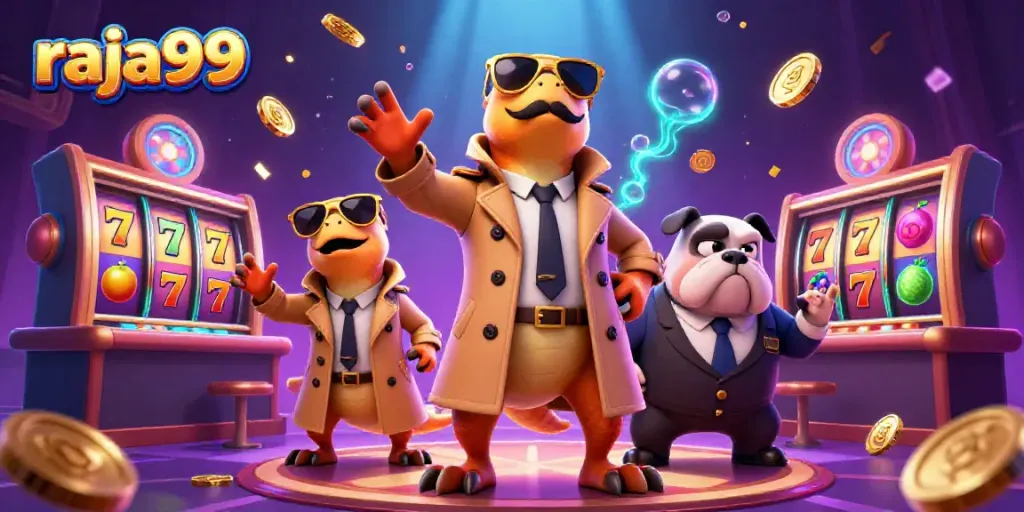 Raja99 casino illustration featuring raptors and slot elements in a vibrant scene.