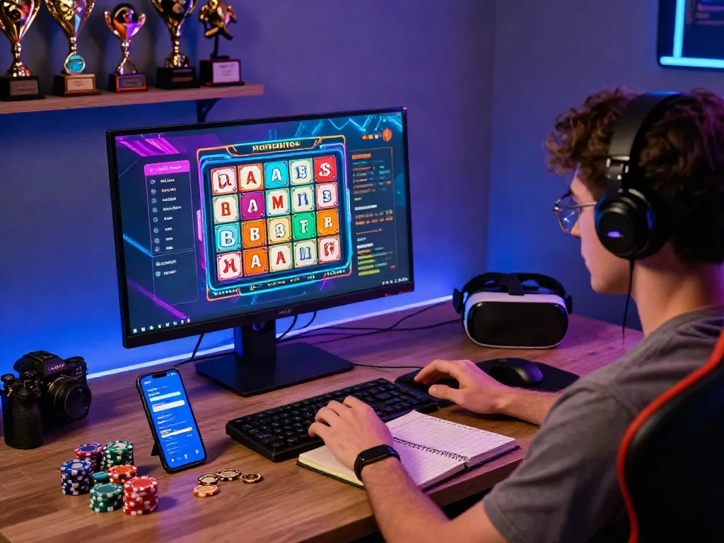 Platform ratutogel login yang menarik dengan pengguna fokus di meja gaming modern.