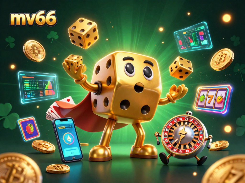 Engage with mv66's thrilling casino experience depicted through vibrant golden dice and crypto elements.