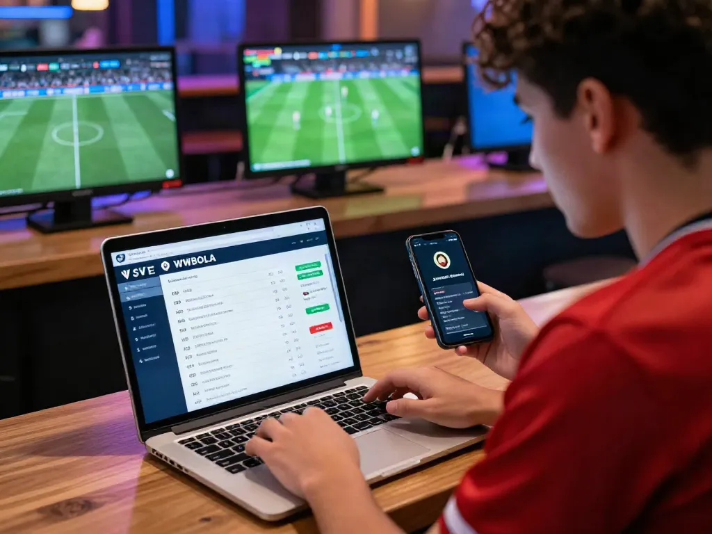 Dynamic scene of WWBOLA user engaging with sports betting interface amidst live matches.