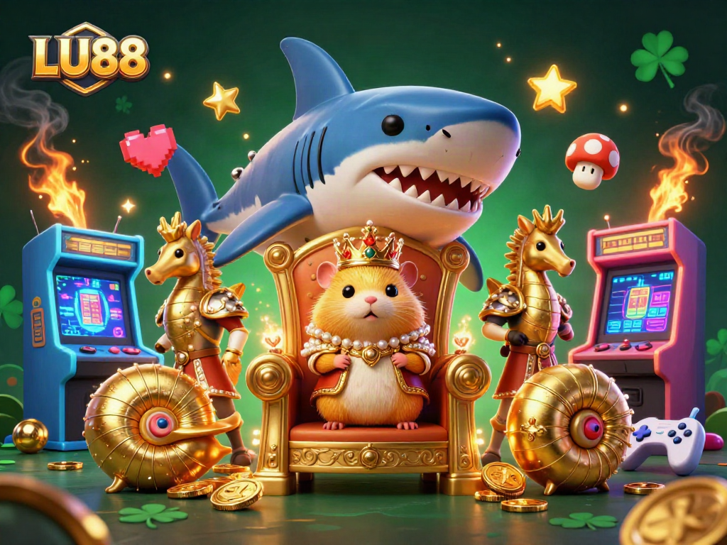 Win big at LU88 with vibrant casino-themed fantasy featuring a hamster king and arcade games.