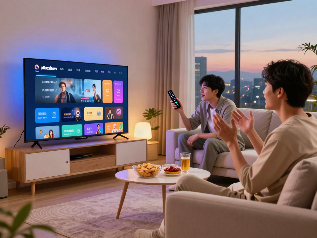 Youth enjoying entertainment with pikashow apk on smart TV in cozy living room.