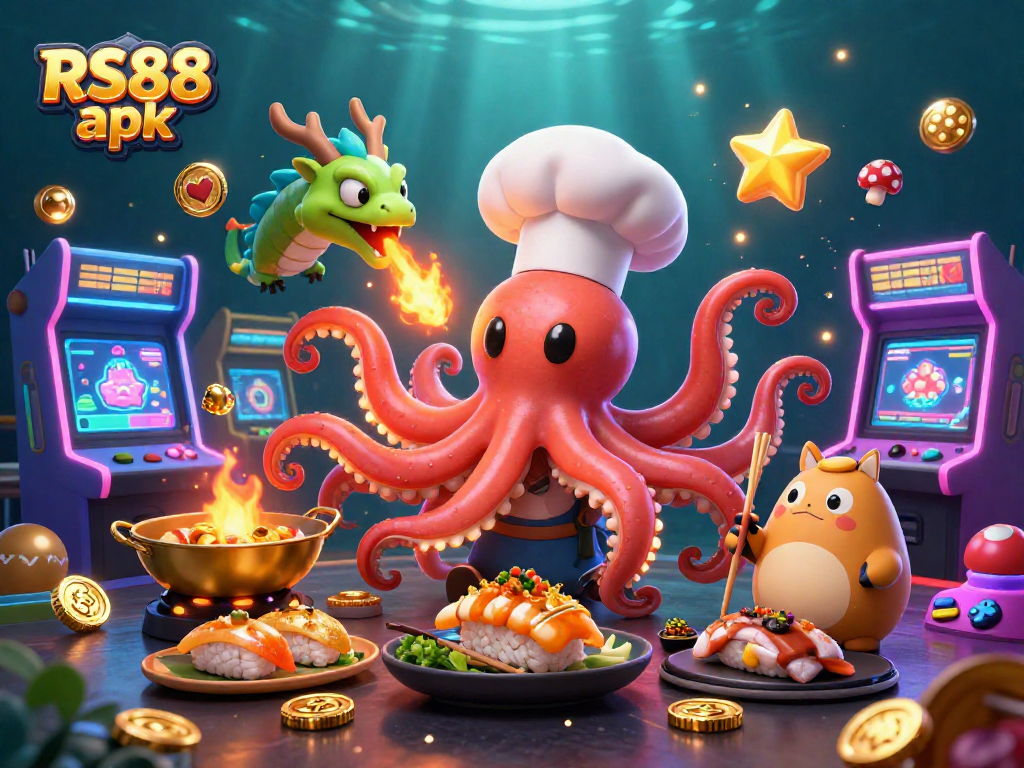 Experience immersive gaming with RS88 apk featuring an octopus chef, dragon, and dynamic casino elements.