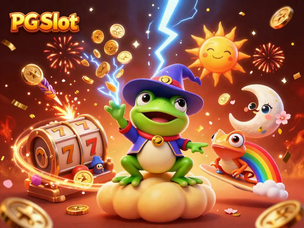 Menangkan jackpot dengan permainan PG Slot yang menarik, dikelilingi karakter kartun ajaib dan koin emas.