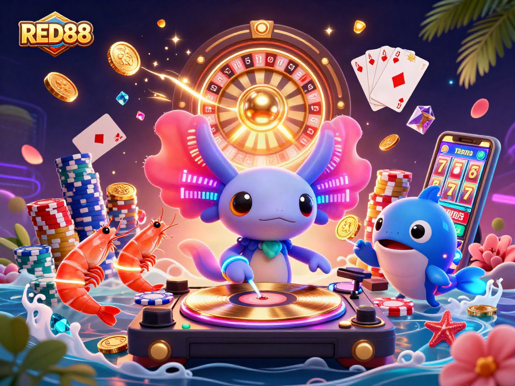RED88 lights up the casino scene with a vibrant 3D axolotl DJ spinning winning slots and huge poker chips.