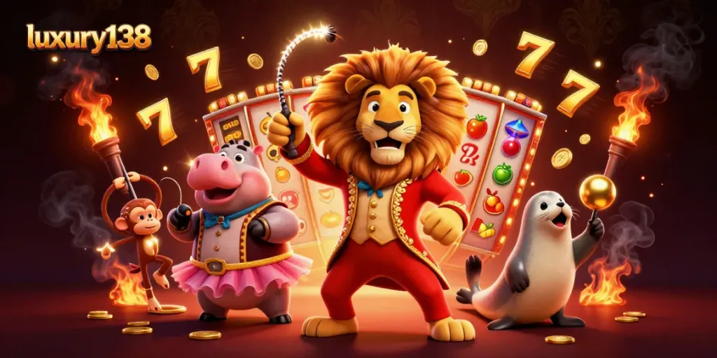 Play with luxury138 at this vibrant 3D slot scene, featuring exciting game dynamics and characters.