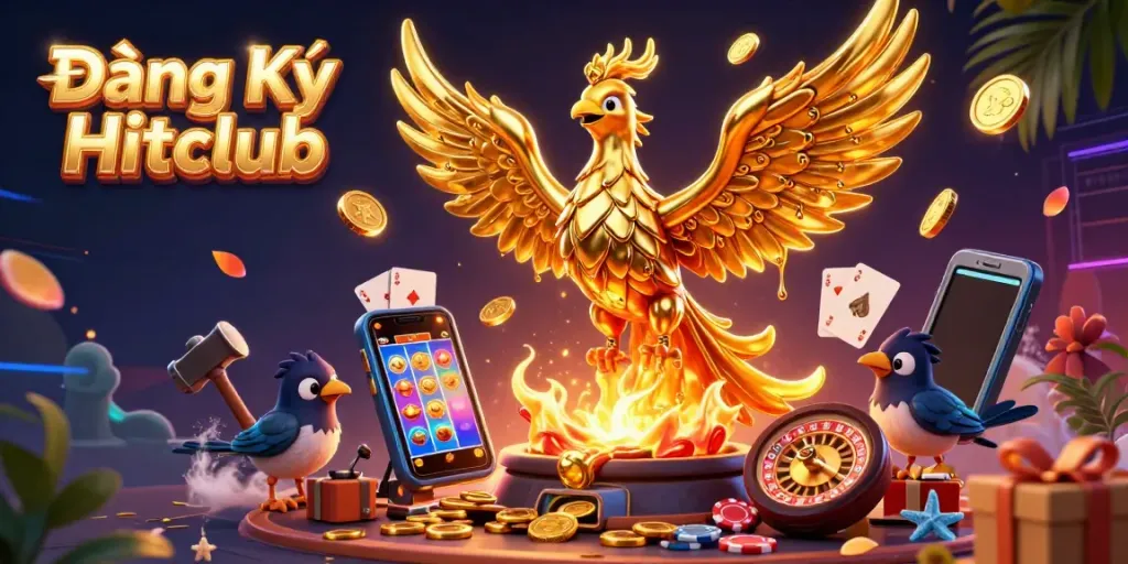 Join the exciting world of gaming with Đăng Ký Hitclub, featuring a dynamic 3D phoenix and festive casino elements.