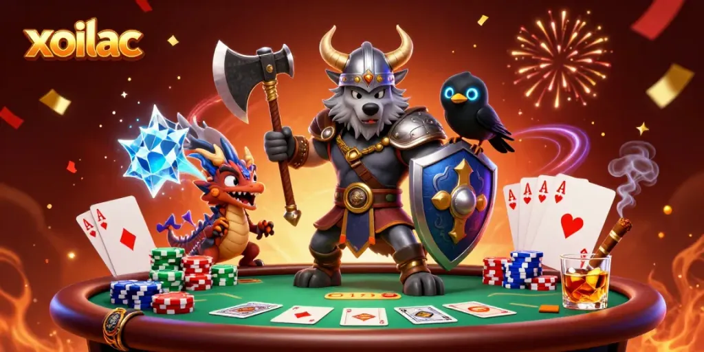 Experience the excitement of xoilac with a Viking warrior and a dragon amidst poker elements and vibrant effects.