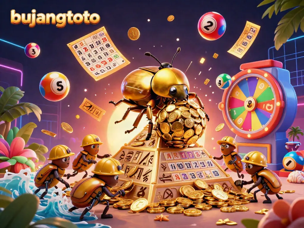Experience the thrill of bujangtoto with a vibrant and dynamic 3D casino illustration featuring golden beetles and colorful slots.