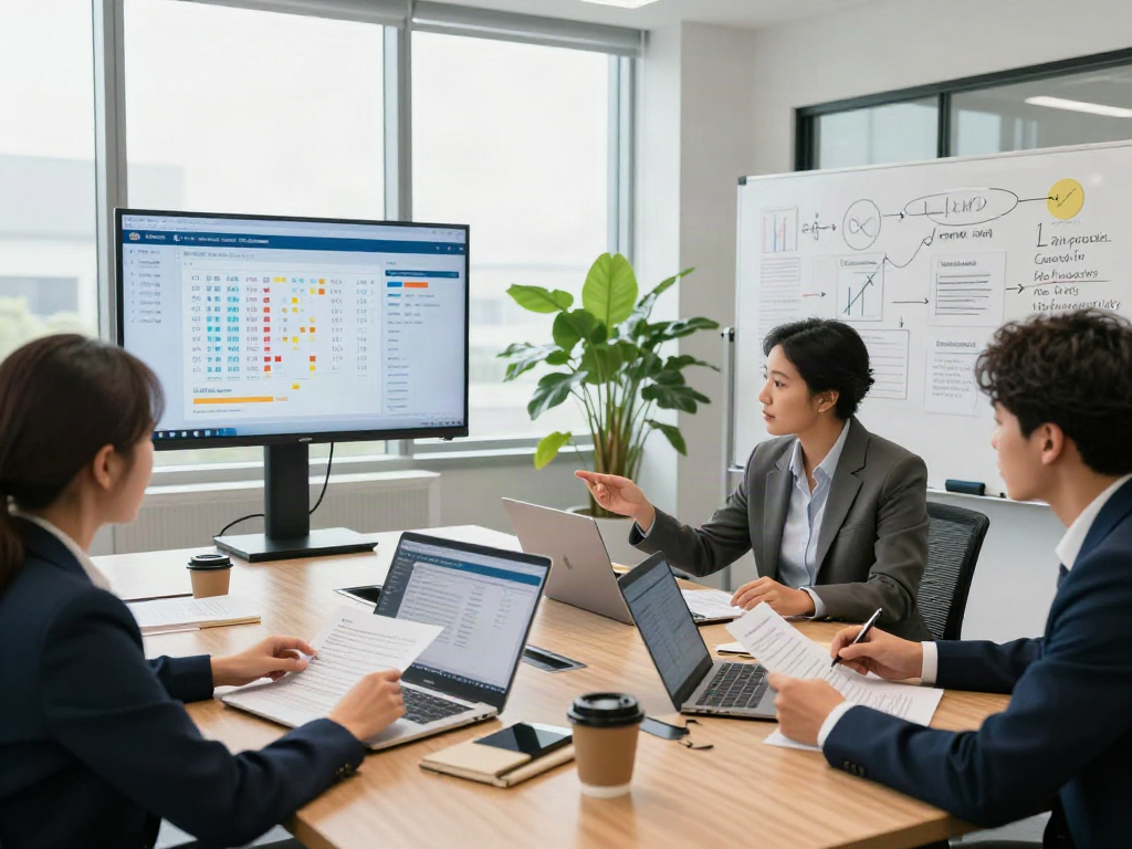 Team collaborating on document fraud detection solution analysis in modern office.