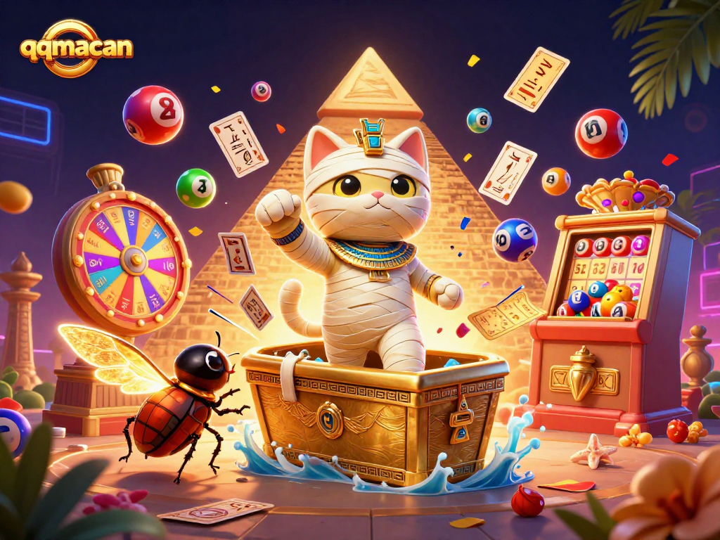 Engage in vibrant casino action with qqmacan featuring Egyptian mummy cat and glowing elements.