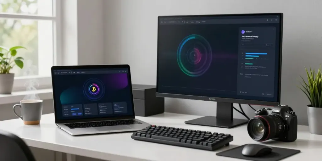 Cryptocurrency wallet interface on a laptop at https://internet-money.co workspace, showcasing user-friendly tech innovation.