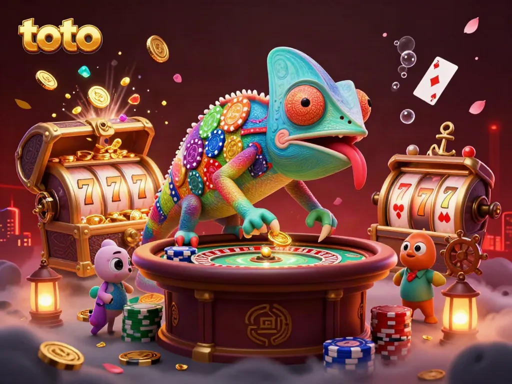 Engage with the dynamic world of toto in this vibrant casino illustration featuring an animated chameleon owner.