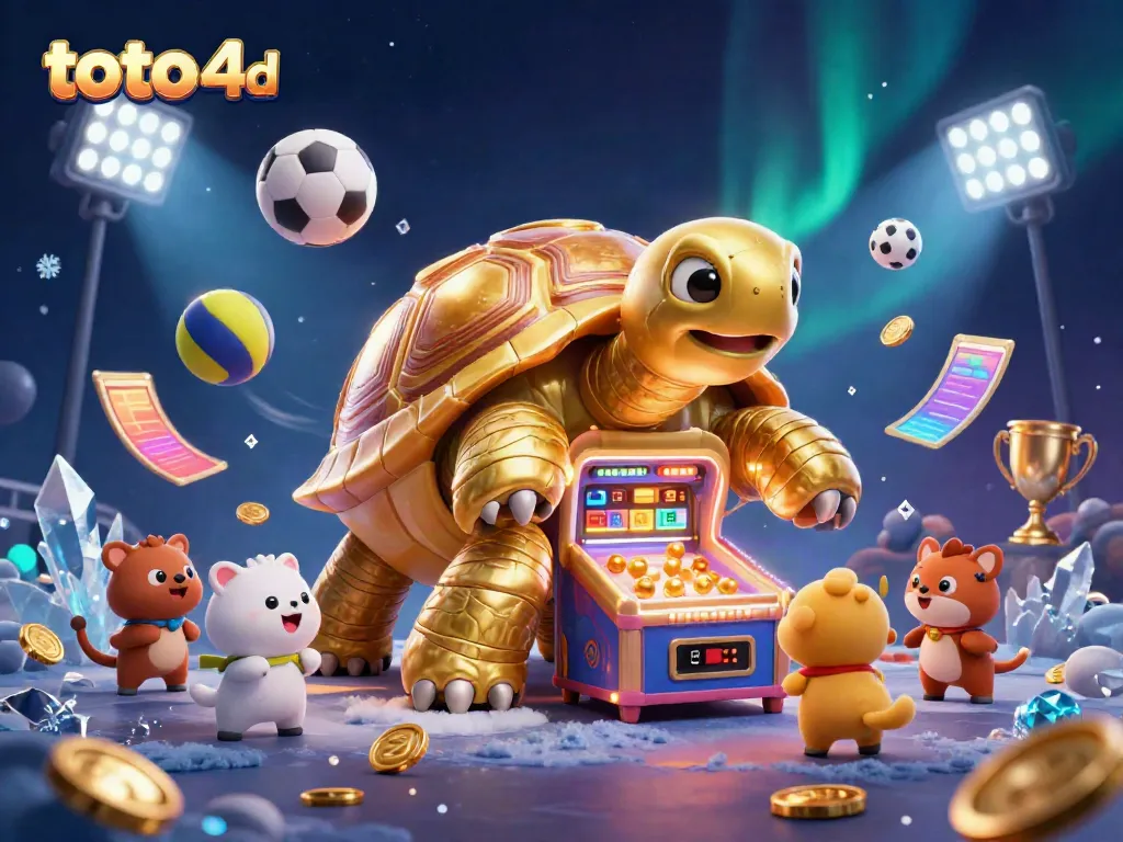 Menang taruhan toto 4D dengan simbol slot dan koin emas di latar belakang cerah.