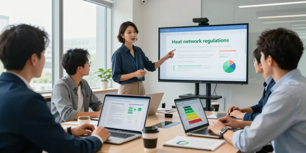 Consultants discussing Heat network regulations in a bright office environment, showcasing energy efficiency strategies.