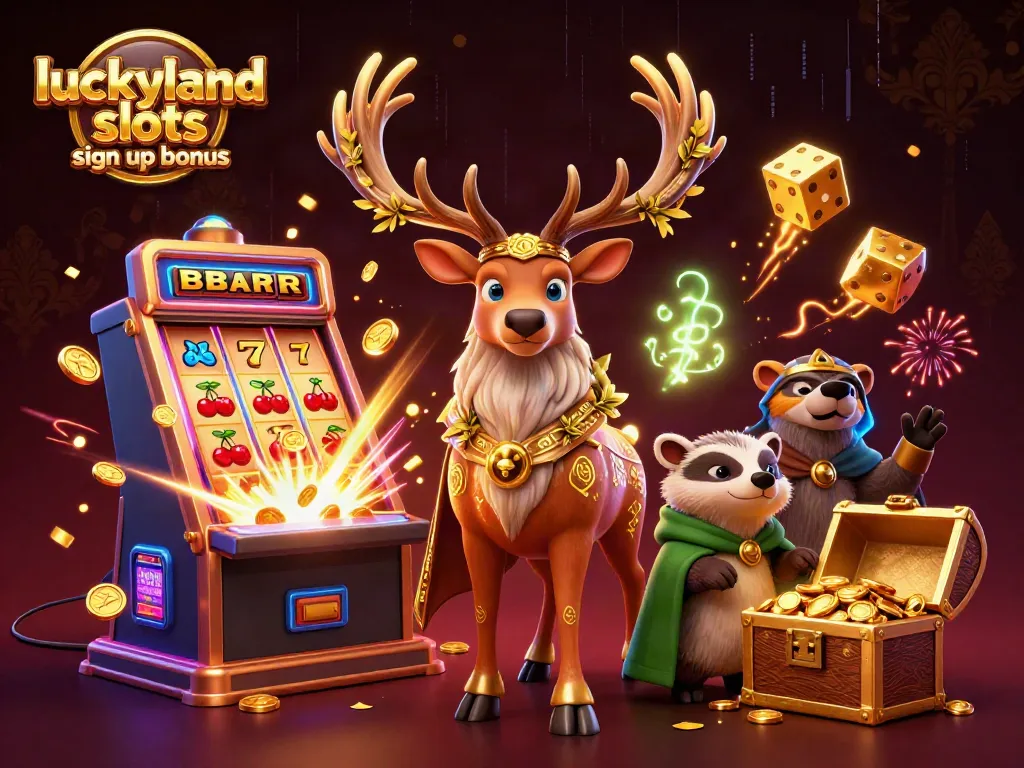 Uncover the luckyland slots sign up bonus with a vibrant 3D casino illustration showcasing a dramatic jackpot burst.