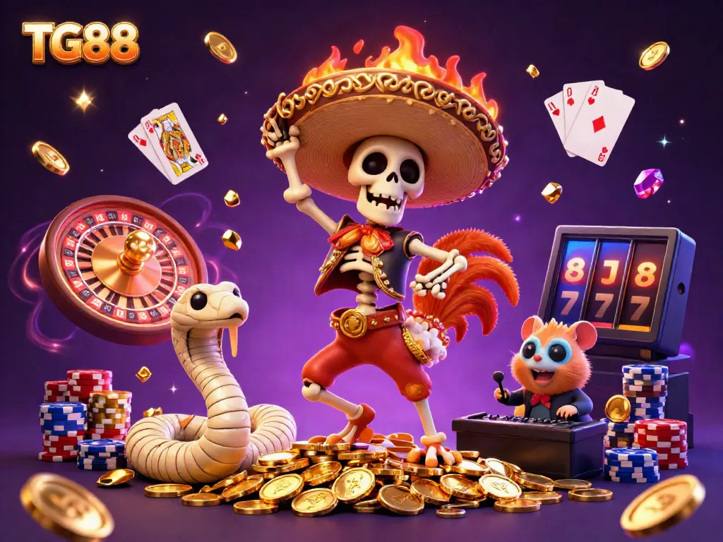 TG88 showcases vibrant casino energy through a victorious mariachi rooster amidst flying coins and spinning roulette.