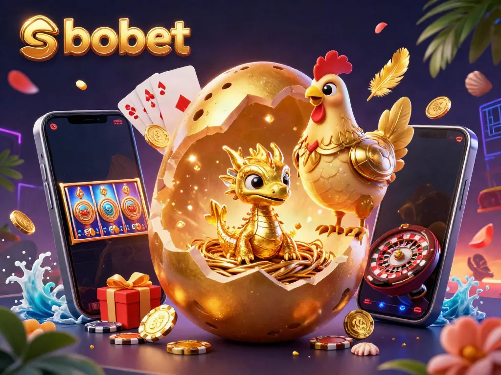SboBet's vibrant casino scene features a baby dragon and golden egg surrounded by poker chips and dynamic game elements.