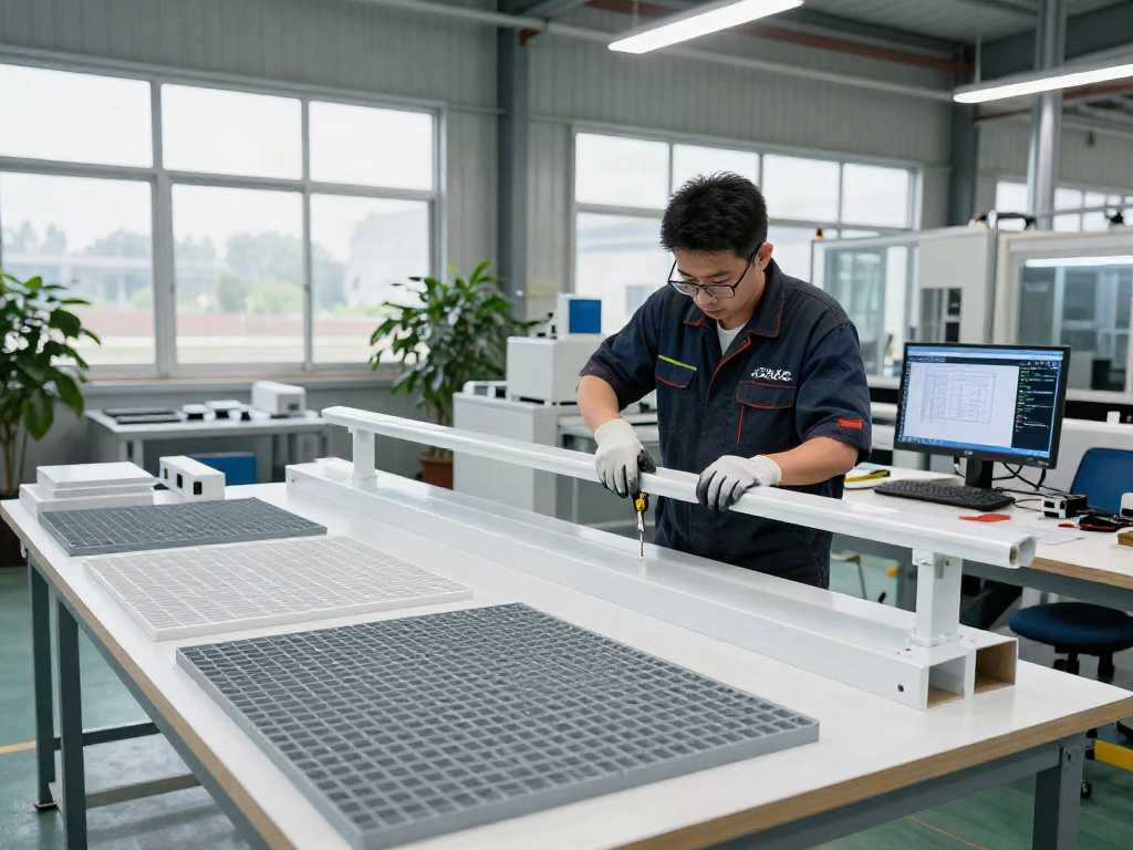 Engineered Composites technician expertly assembling GRP handrails in a modern fabrication facility, showcasing quality manufacturing.