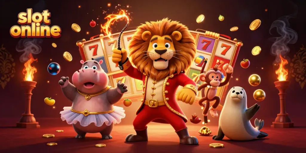 Engaging illustration of slot online featuring lively circus characters and dynamic gambling elements.