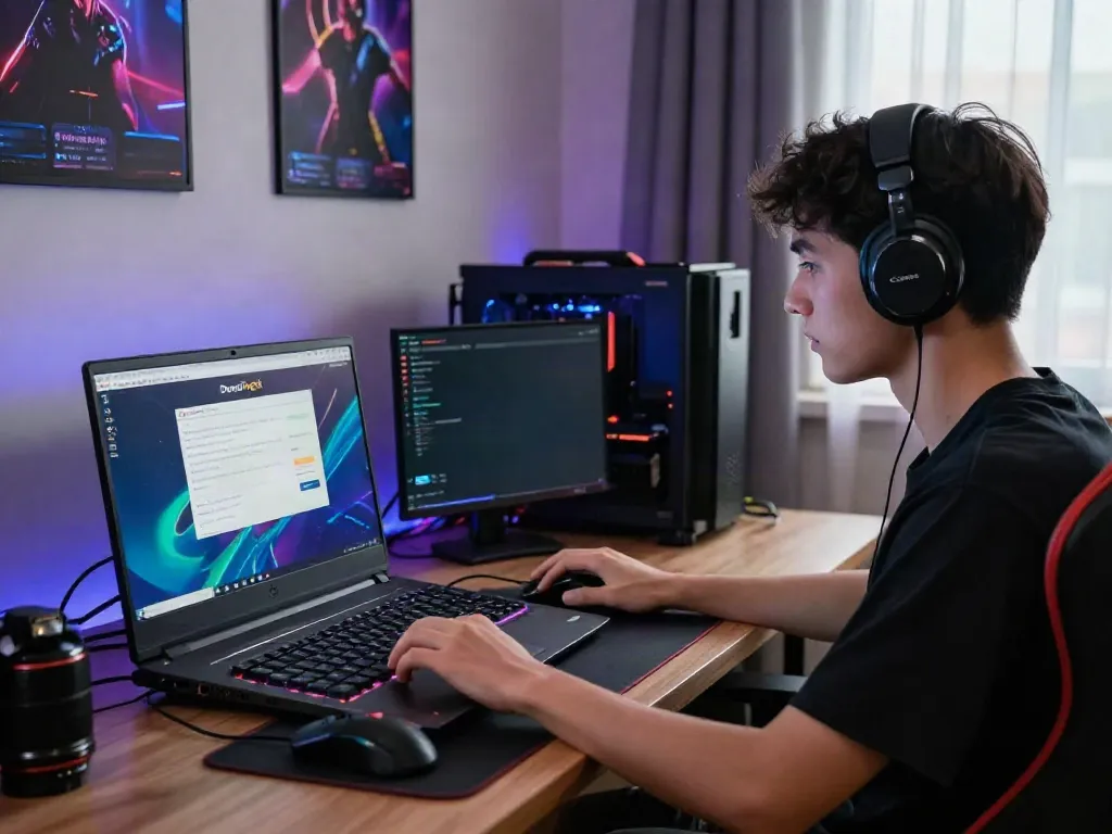 Login Dewatogel on a gaming laptop at a stylish setup with dynamic LED lighting.