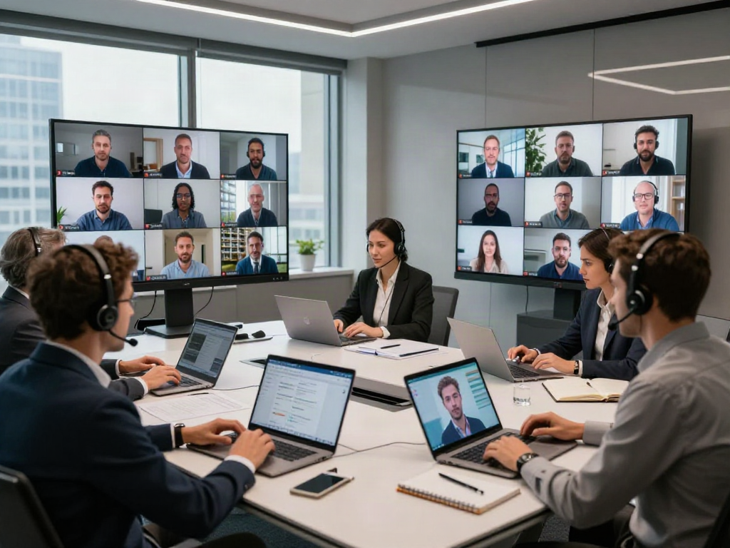 Deepfake protected Conferencing setup in a corporate meeting room with team members engaged.