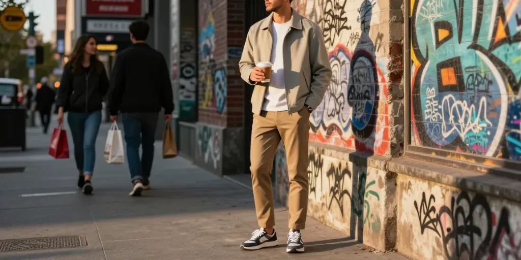 Stijlvolle casual heren kleding in stadsomgeving met jonge man