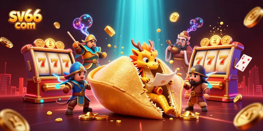 Win big at sv66 com with vibrant slot-themed 3D illustration featuring golden fortune cookie and lucky dragon.