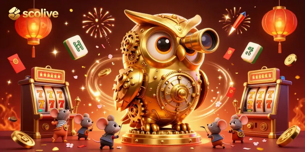 Socolive showcases a vibrant casino scene filled with action, golden owl, and animated elements.