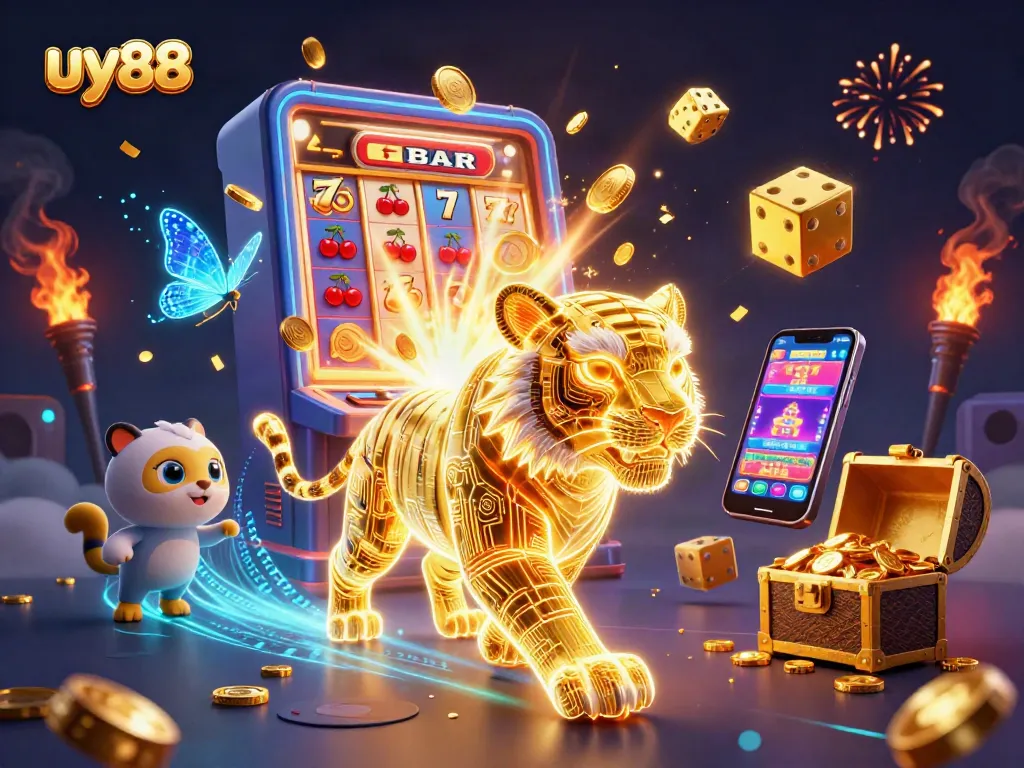 uy88 immersive digital casino scene with a light energy tiger and jackpot slot machine