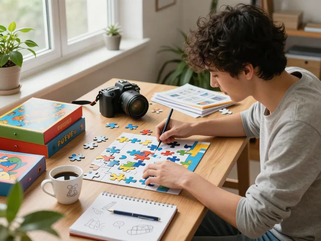 Engaged user solving puzzles on solveloom.com in a cozy home office.