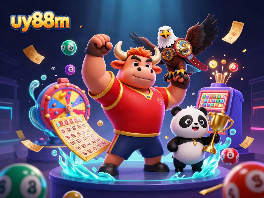 Experience thrilling wins with uy88m in this vibrant 3D casino illustration featuring game elements.