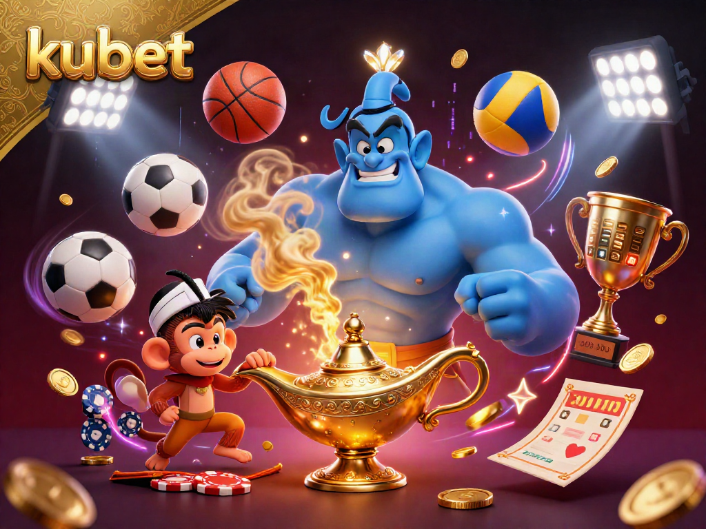 Play thrilling games at kubet with a vibrant scene featuring a genie, poker chips, and sportsballs.