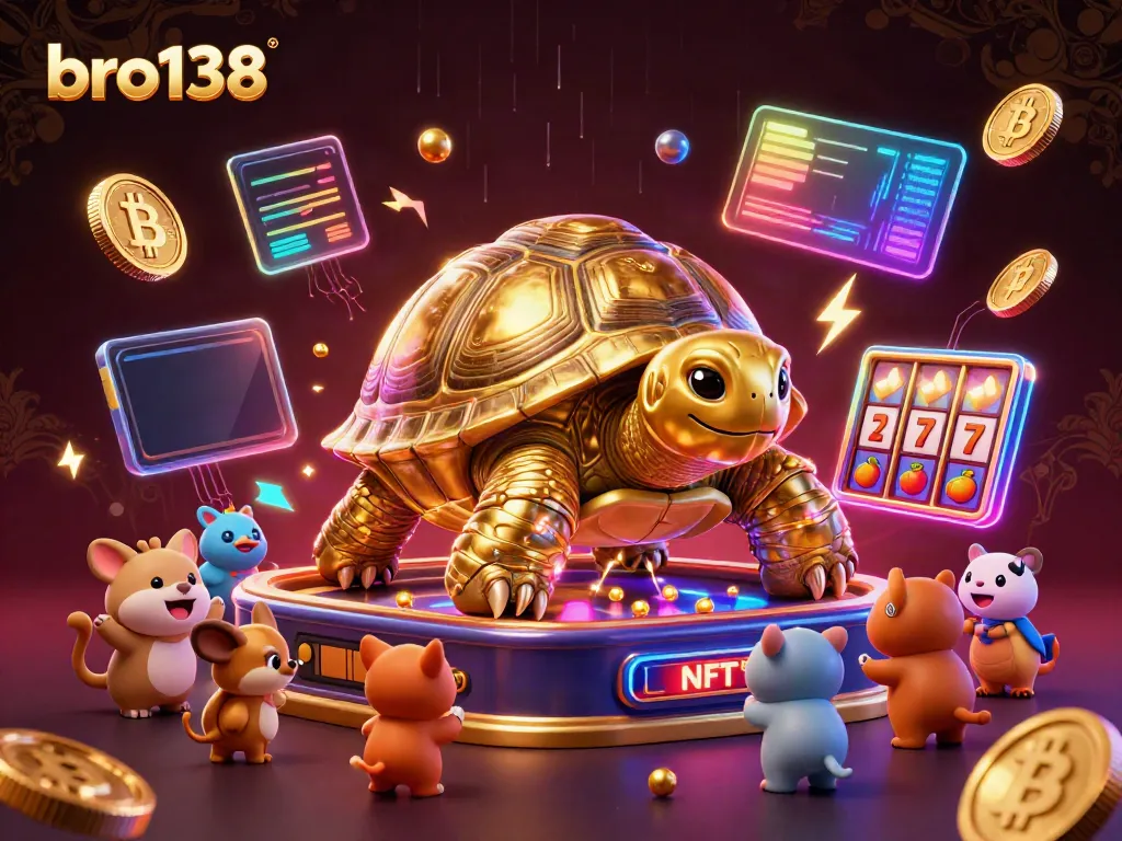 Engage in thrilling casino play with bro138, featuring a golden tortoise pinball machine and colorful slot symbols.