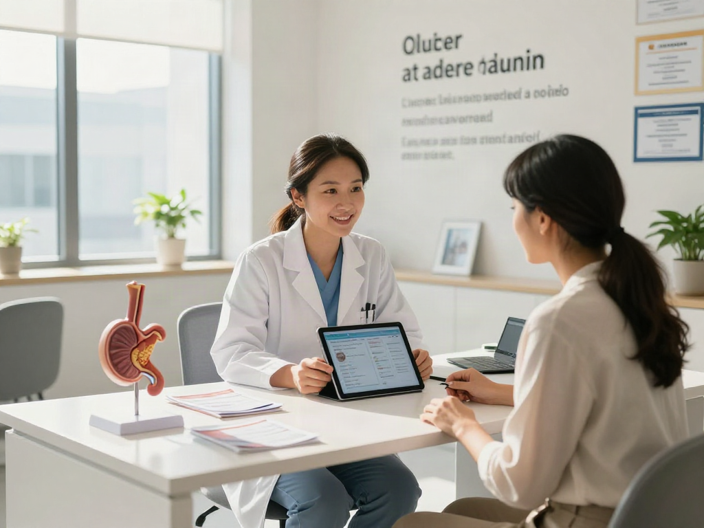 Esophageal cancer treatment in Abu Dhabi with healthcare professional consulting patient in modern medical office.