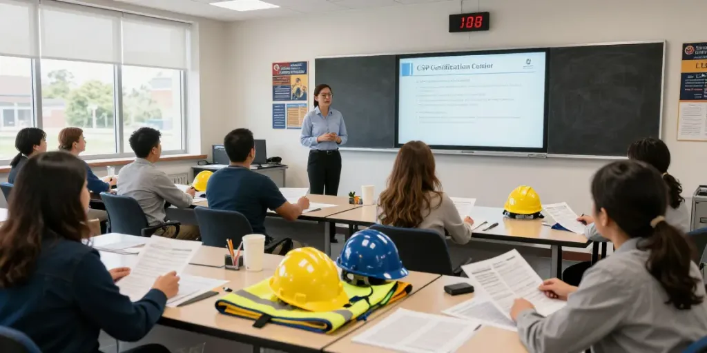 CSP Certification training in a modern classroom environment with engaged learners and safety materials.