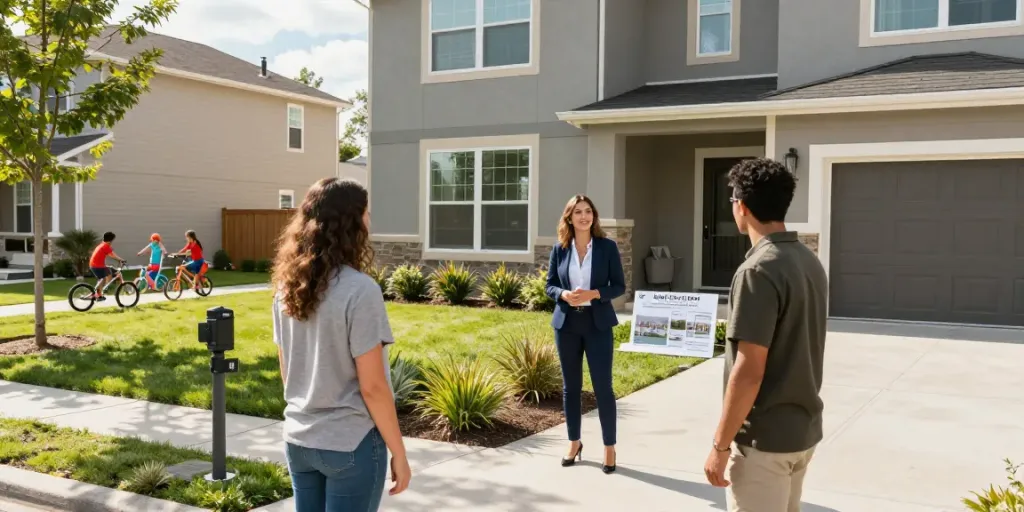 Property showcasing in a vibrant neighborhood with an engaged agent and buyers.