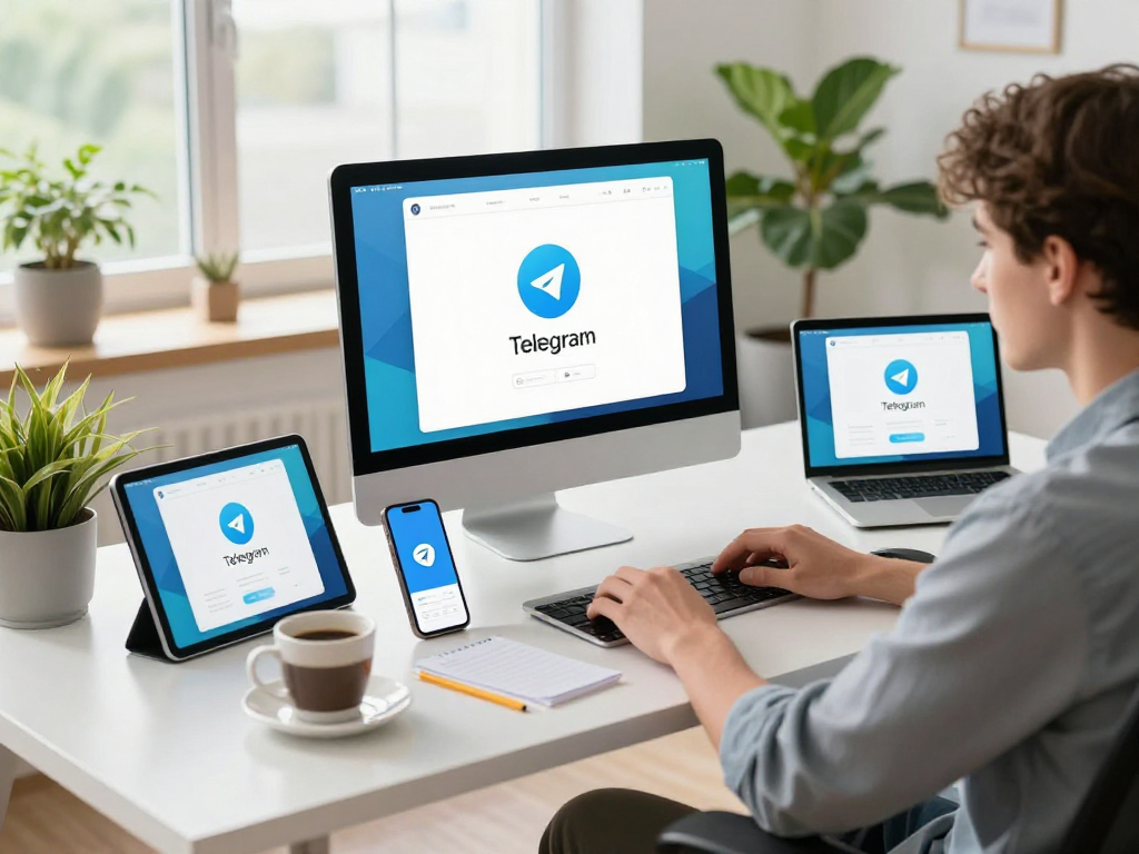在现代办公环境中，展示telegram 下载的用户界面和多设备同步功能，强调技术与效率。