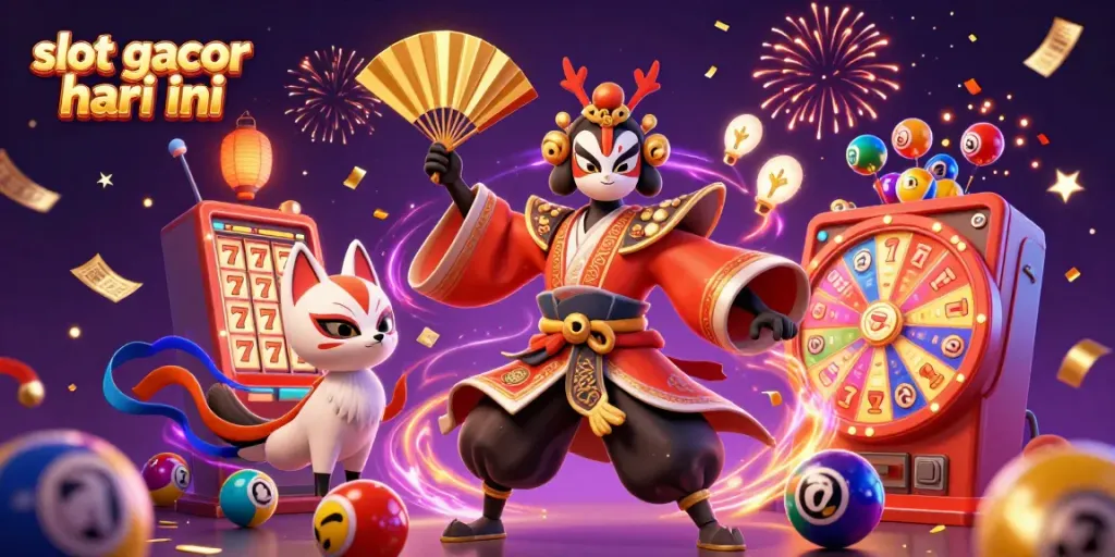 Winning dynamic scene with a kabuki warrior and magical elements celebrating slot gacor hari ini.