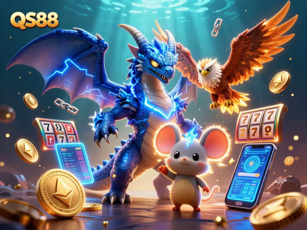 Engage with QS88's dynamic casino experience featuring vibrant characters and gambling elements.