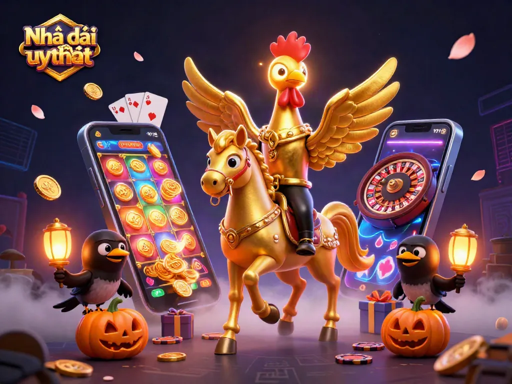 Engaging illustration showcasing a golden rooster as the headless horseman, surrounded by casino elements showcasing Nhà cái uy tín.