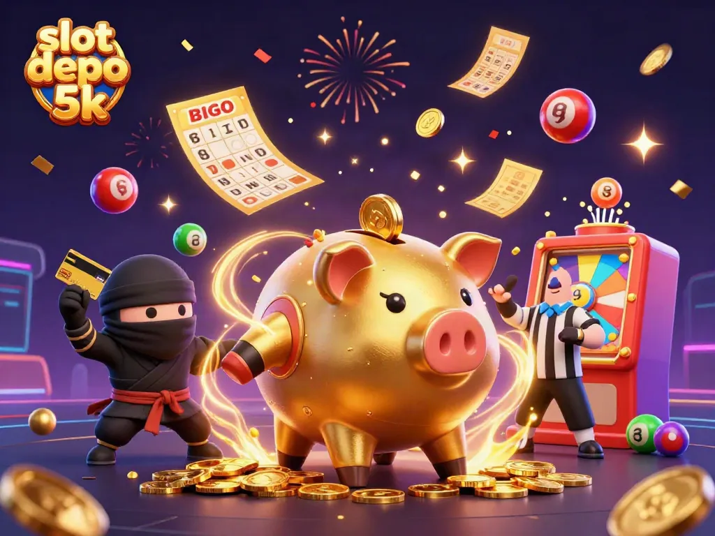 Engage with slot depo 5k through a fun, dynamic scene of a golden piggy bank sumo wrestler and action-packed casino elements.