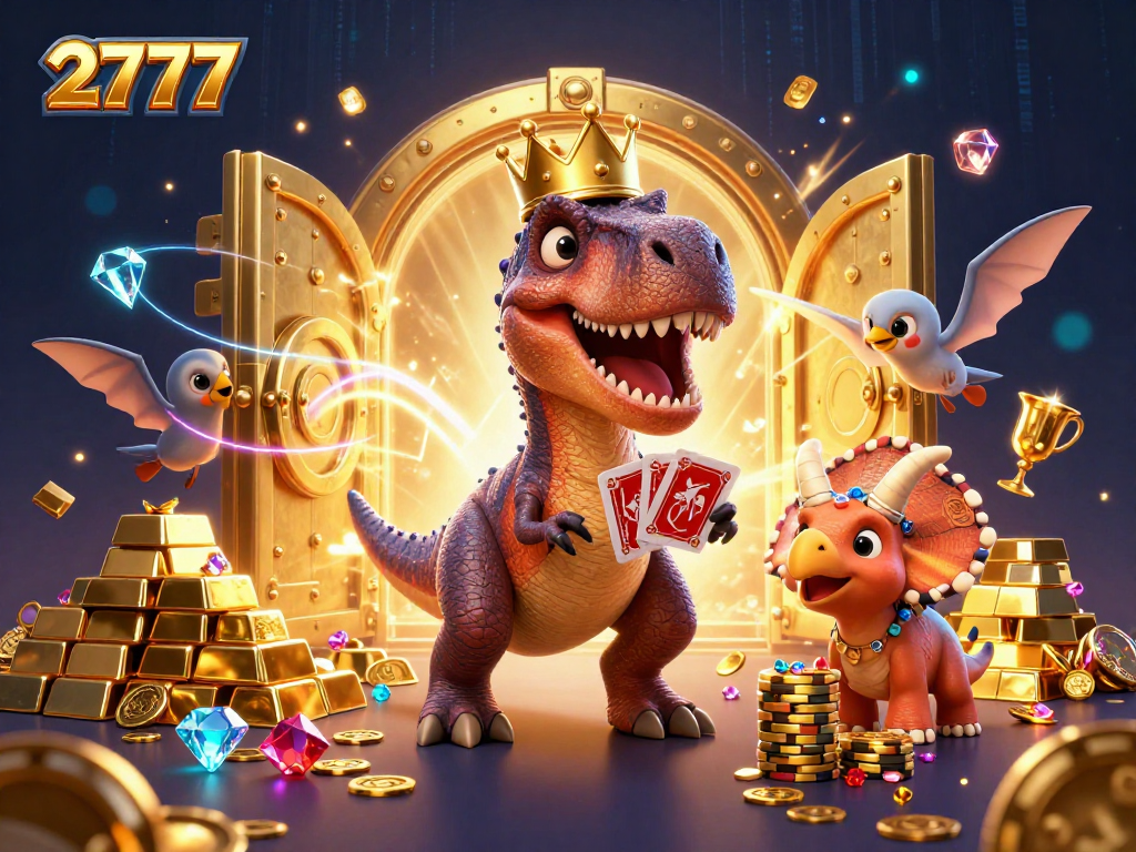 Experience vibrant gaming excitement with 2777's colorful characters and treasure-filled casino scene.