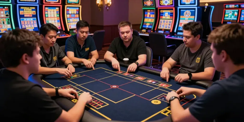Scene menarik saat para pemain bermain lotere dan slot di RATUTOGEL login, menampilkan fokus dan keseruan.