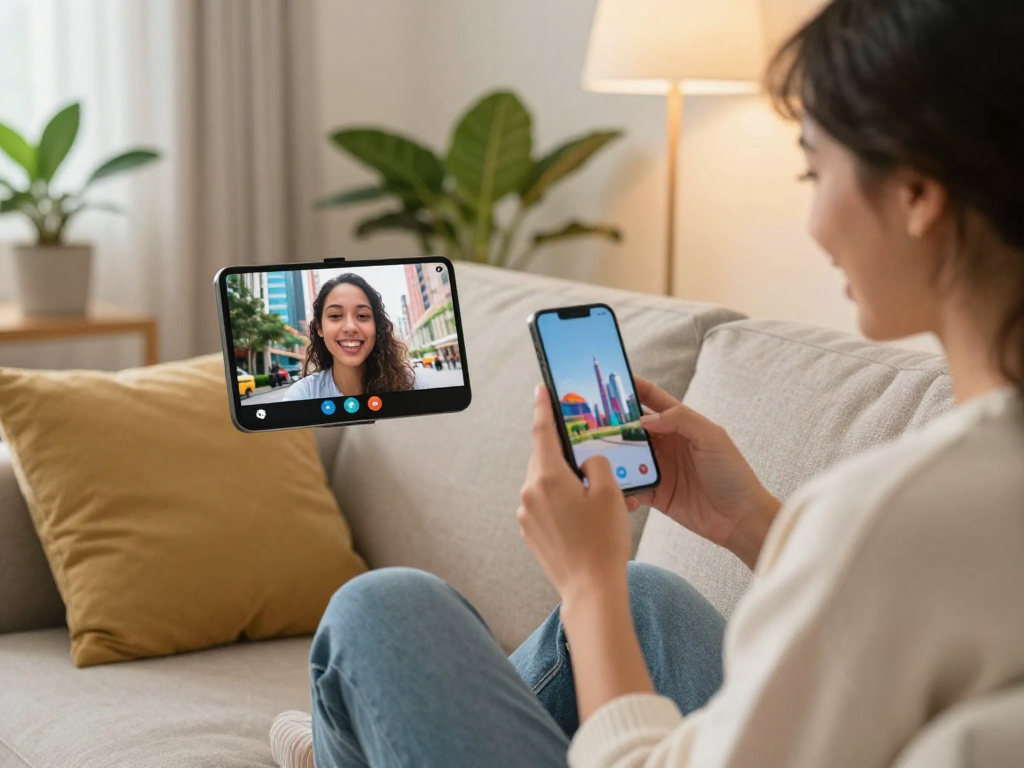Engaging pink chat session connecting two people in lively video conversation.