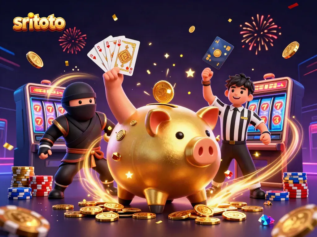 Momen menarik sritoto dengan piggy bank emas gulat dan koin yang berjatuhan, ruang penuh warna.